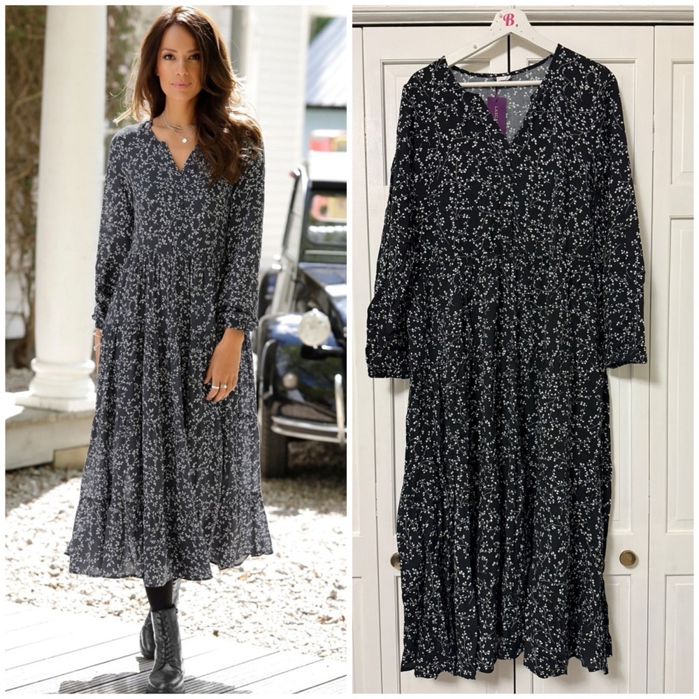 NWT Lascana Dark Floral Black Maxi Dress Viscose Fairy Grunge Romantic Size 10